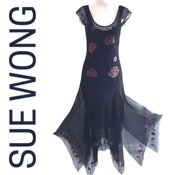 VINTAGE GOWN SUE WONG Beaded Floral on Peekaboo Mesh Underslip Prom Bridal Y2K - Picture 11 of 17